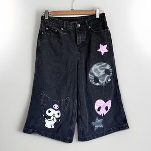 Kuromi by Sanrio Wide Leg Cropped Capri Jeans Long Shorts Denim Hot Topic Cute!